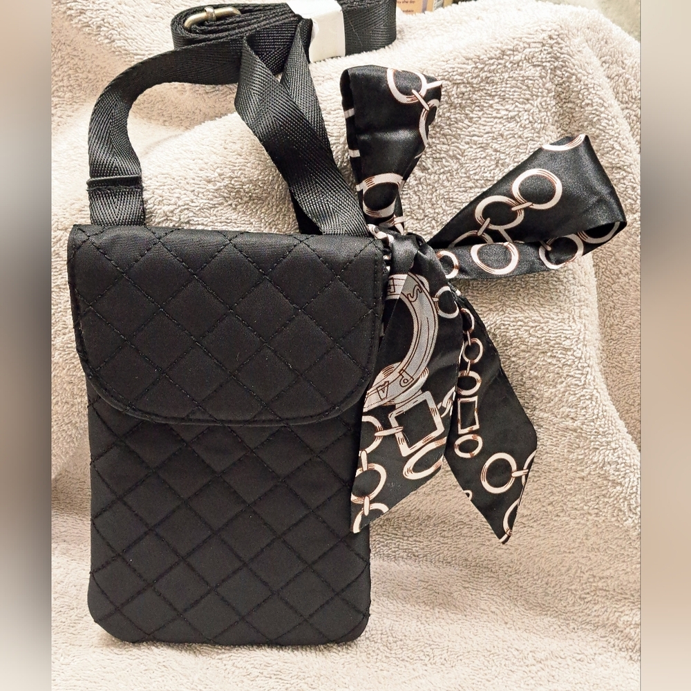 New Unisex Black Quilted Crossbody Bag Phone Purse with Flap Closure Vegan